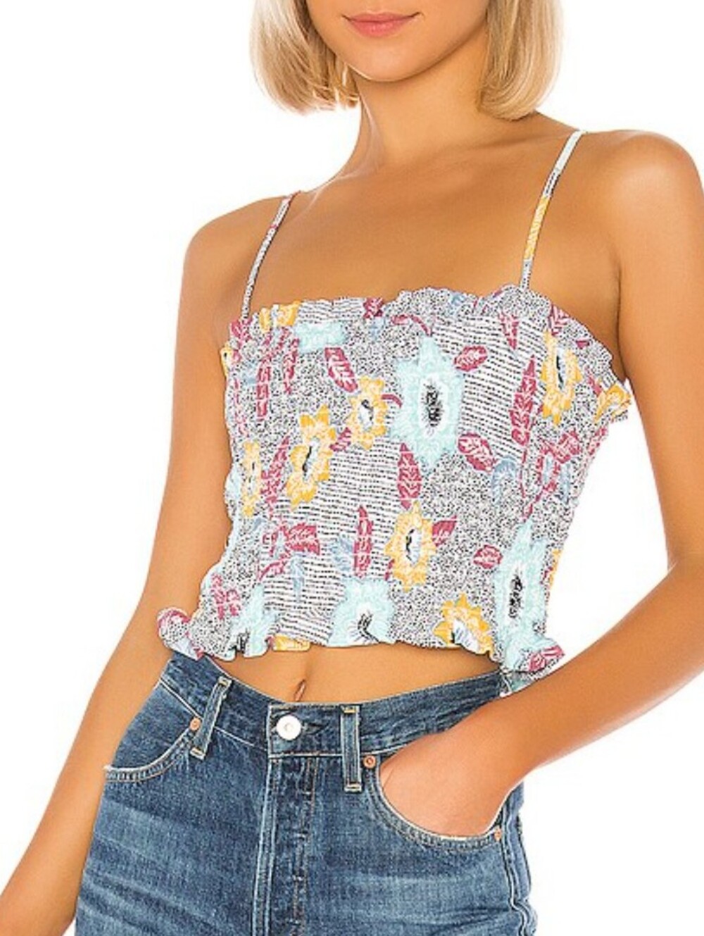 Bcbgeneration Floral Smocked Crop Cami Top in Aqua, Yellow & Burgundy